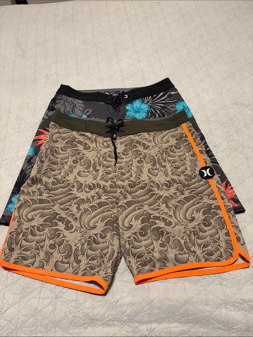 Set of Hurley Tan Swirl Pattern Board Shorts with Orange Trim